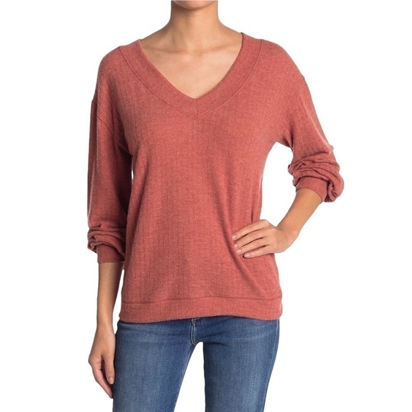 PST by Project Social T V-Neck Knit Sweater Ribbed Heather Chili Large New NWT - Picture 1 of 8